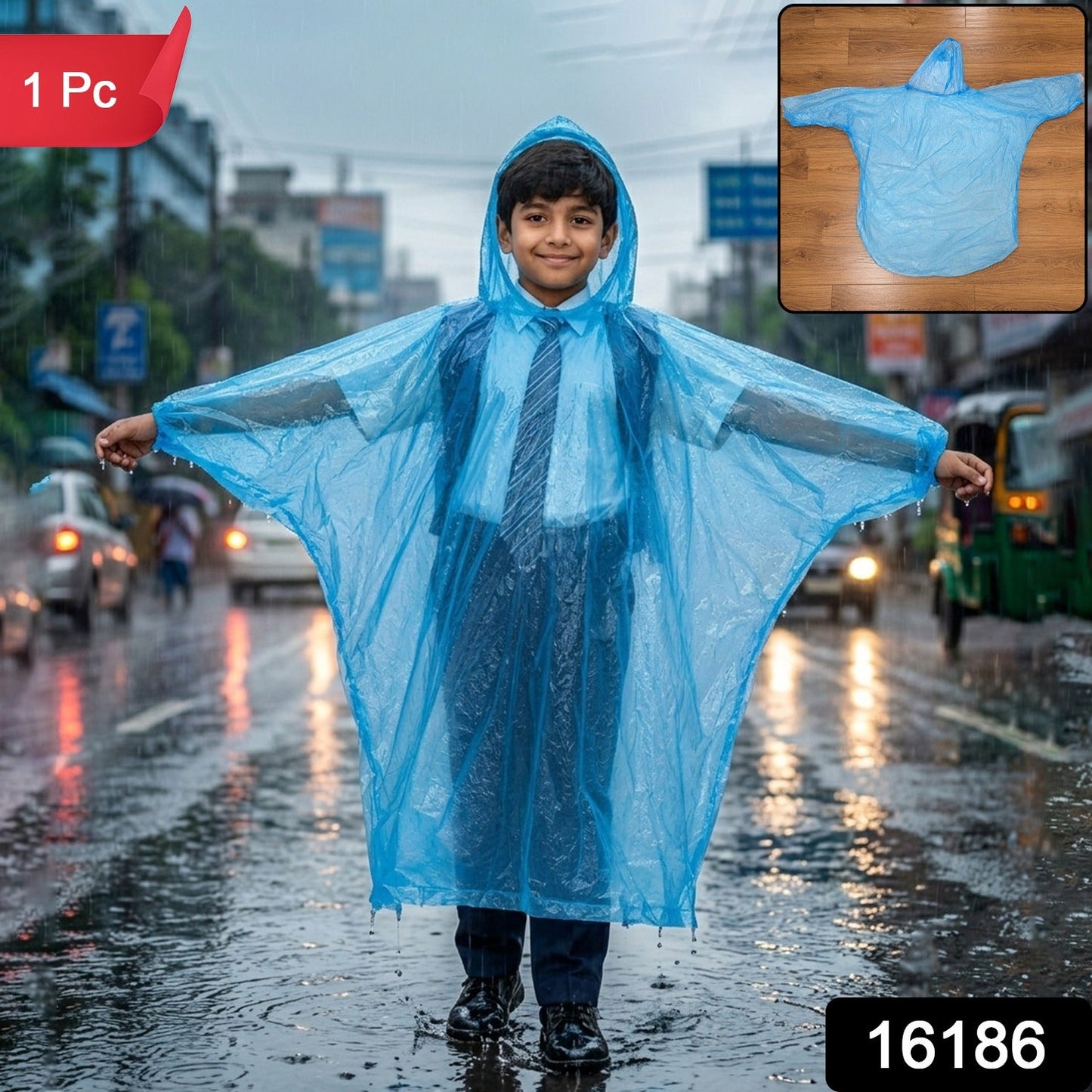 A boy in a school uniform wears a translucent blue poncho on a rainy street, with a small inset of the poncho (1 Pc) shown.