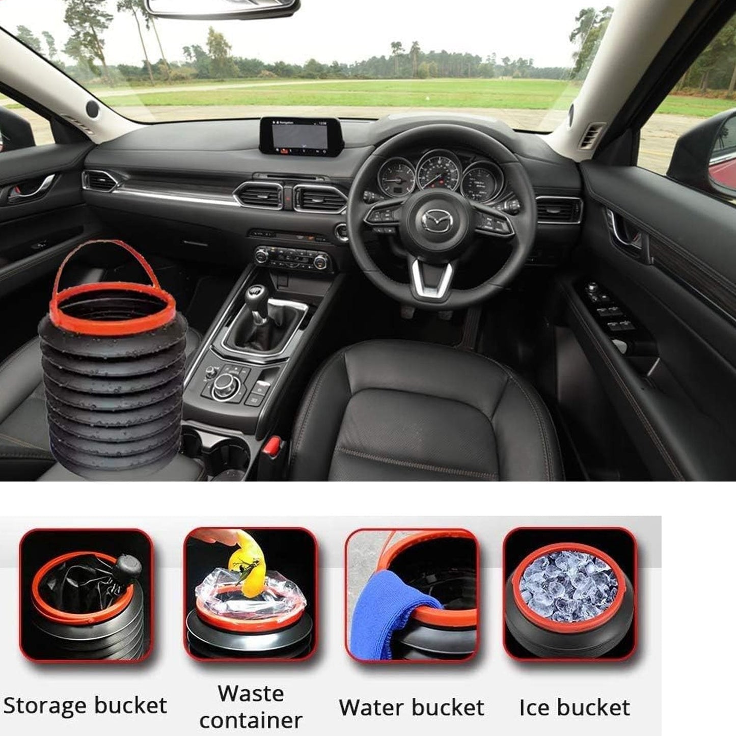 A black foldable bucket with a red rim is placed in a car interior, with four insets demonstrating its multi-use functions.