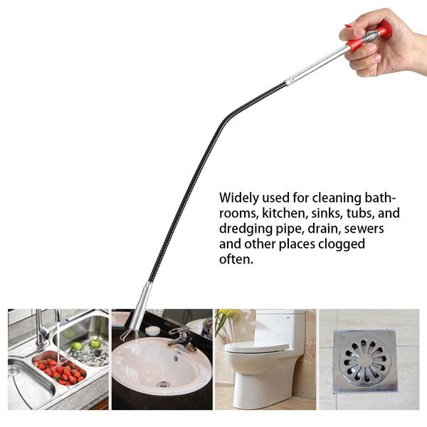 A hand holding the drain cleaner extended, with insets showing its use in a kitchen sink, bathroom sink, toilet, and floor