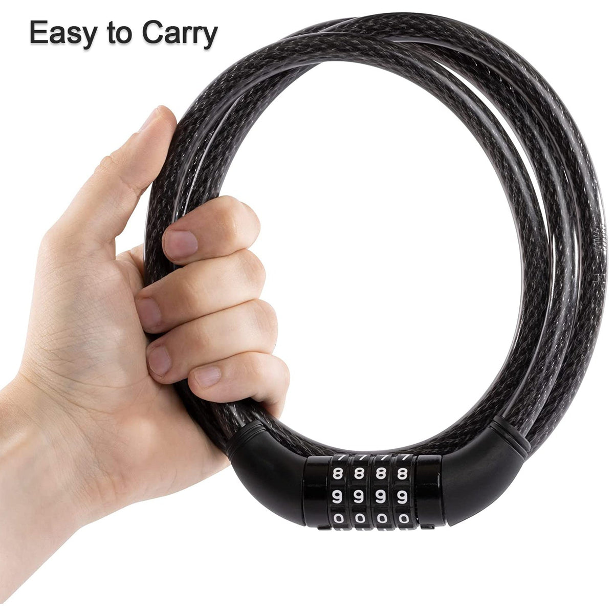 A hand holds the coiled black cable lock with its four-dial combination, demonstrating its portability.