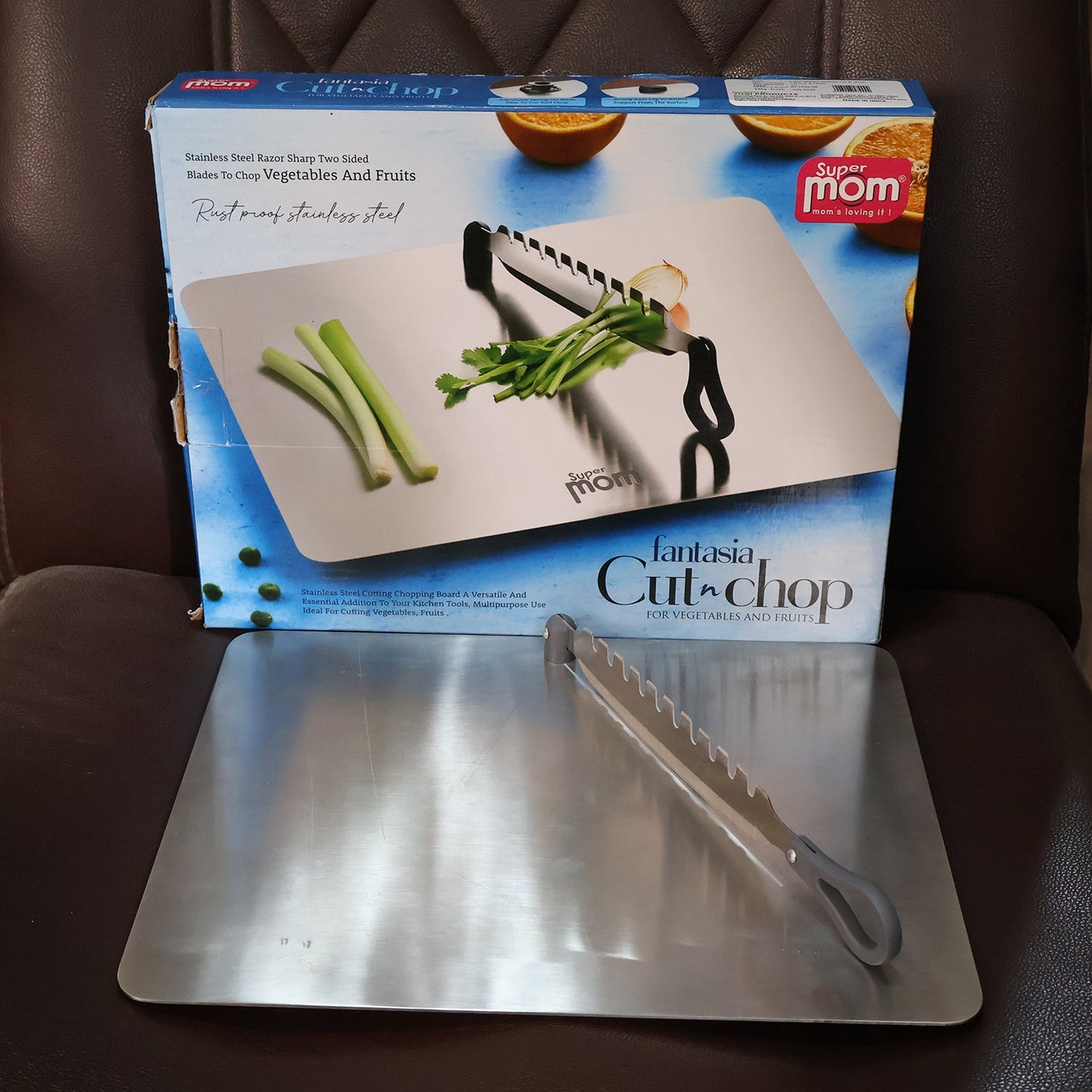 Alternative angle of Supermom stainless steel vegetable slicing tool for kitchen use