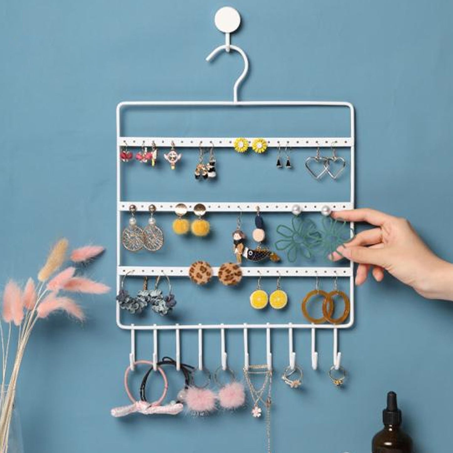 0594 Lightweight & Wall Mounted Earrings Organizer/HANGER for Tangle Free Hanging for Women, 66 Holes - 10 Hooks (metal)