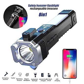 Multi-tool flashlight with a large LED light, showing its various functions and a phone charging.