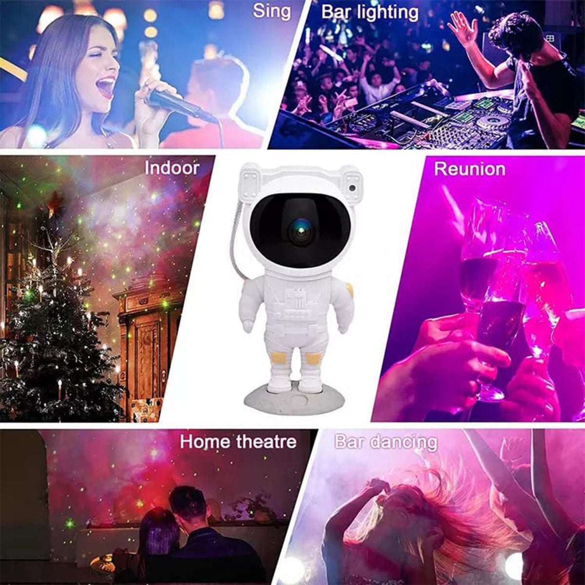 A collage shows the astronaut projector in the center, surrounded by various scenes of people enjoying projected lights.
