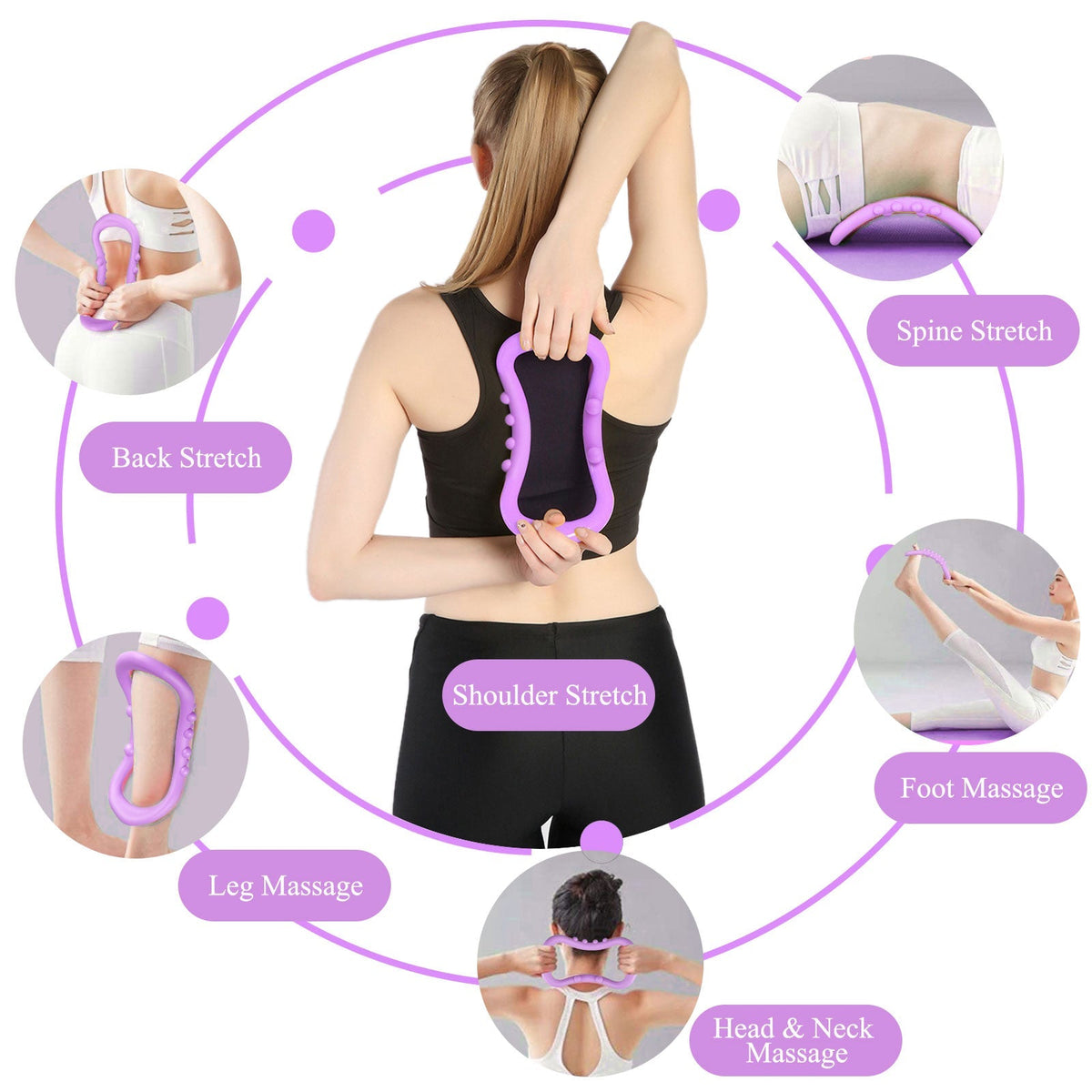 Woman using a purple pilates ring for shoulder stretch, with circular insets showing other uses.