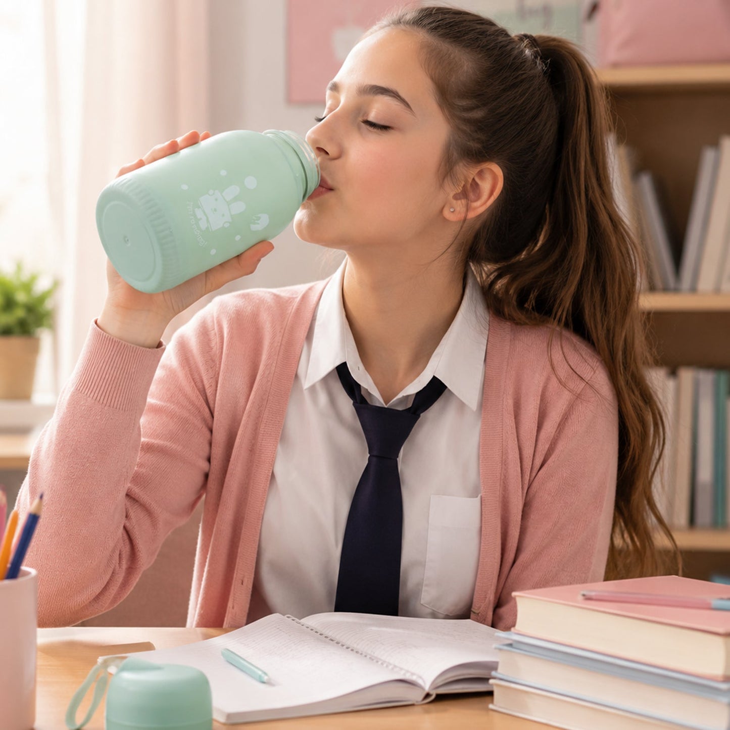 A girl in a school uniform drinks from a mint green glass bottle with a bunny print while studying at a desk.