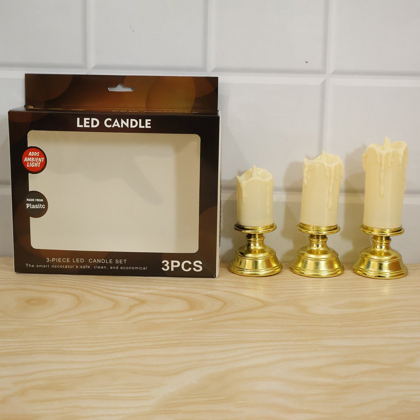 Live photo of plastic flameless LED candle set