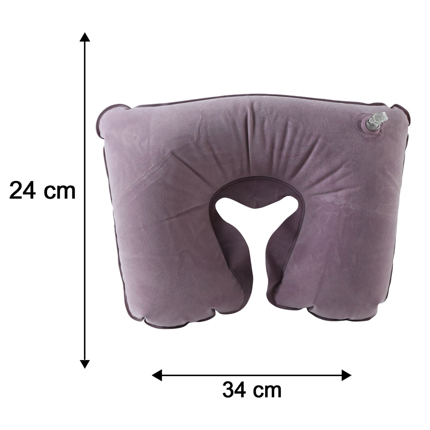 An inflated purple velvet U-shape neck pillow with dimensions: 24 cm height and 34 cm width.