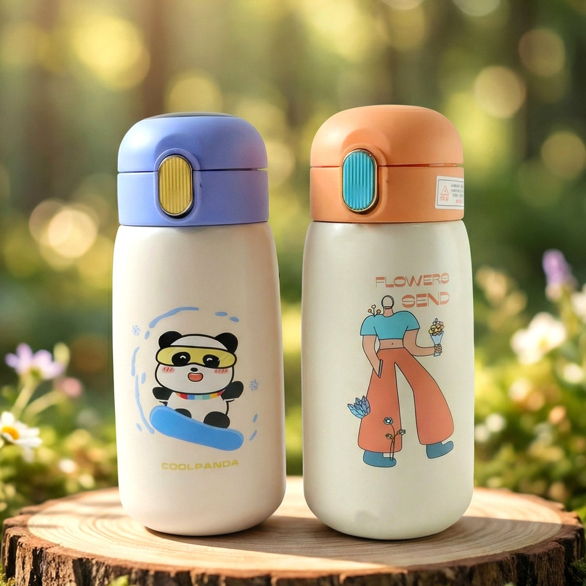 Two cartoon-themed cream water bottles with colorful lids sit on a wooden log outdoors.
