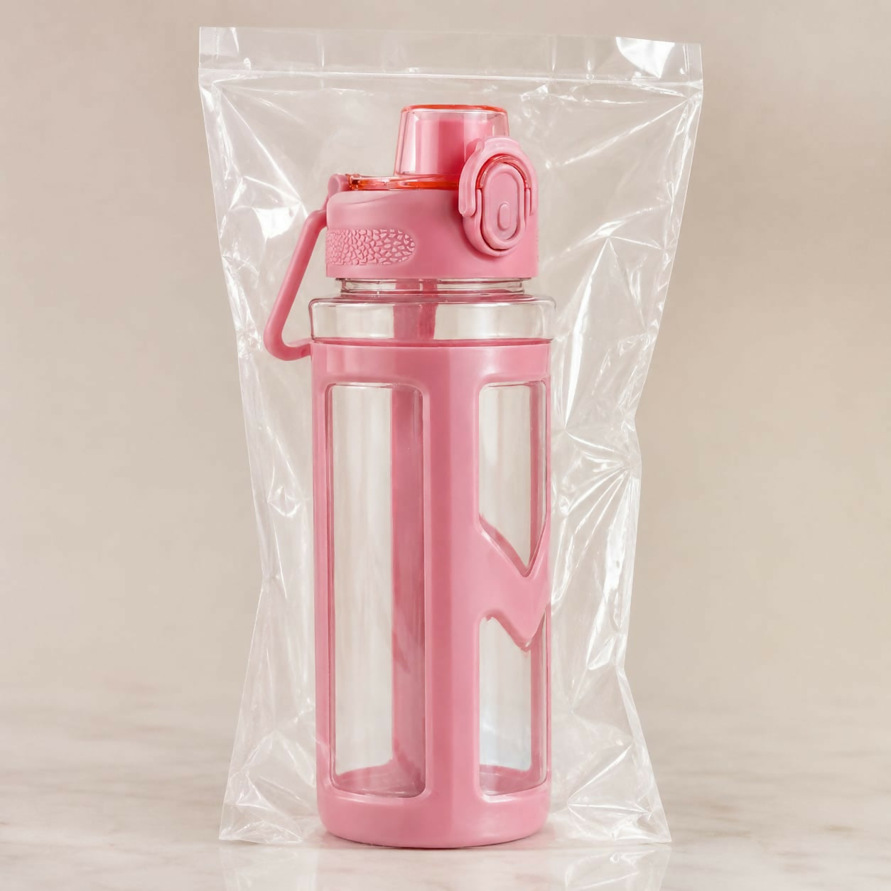 Close-up of gym water bottle with integrated handle and ergonomic design