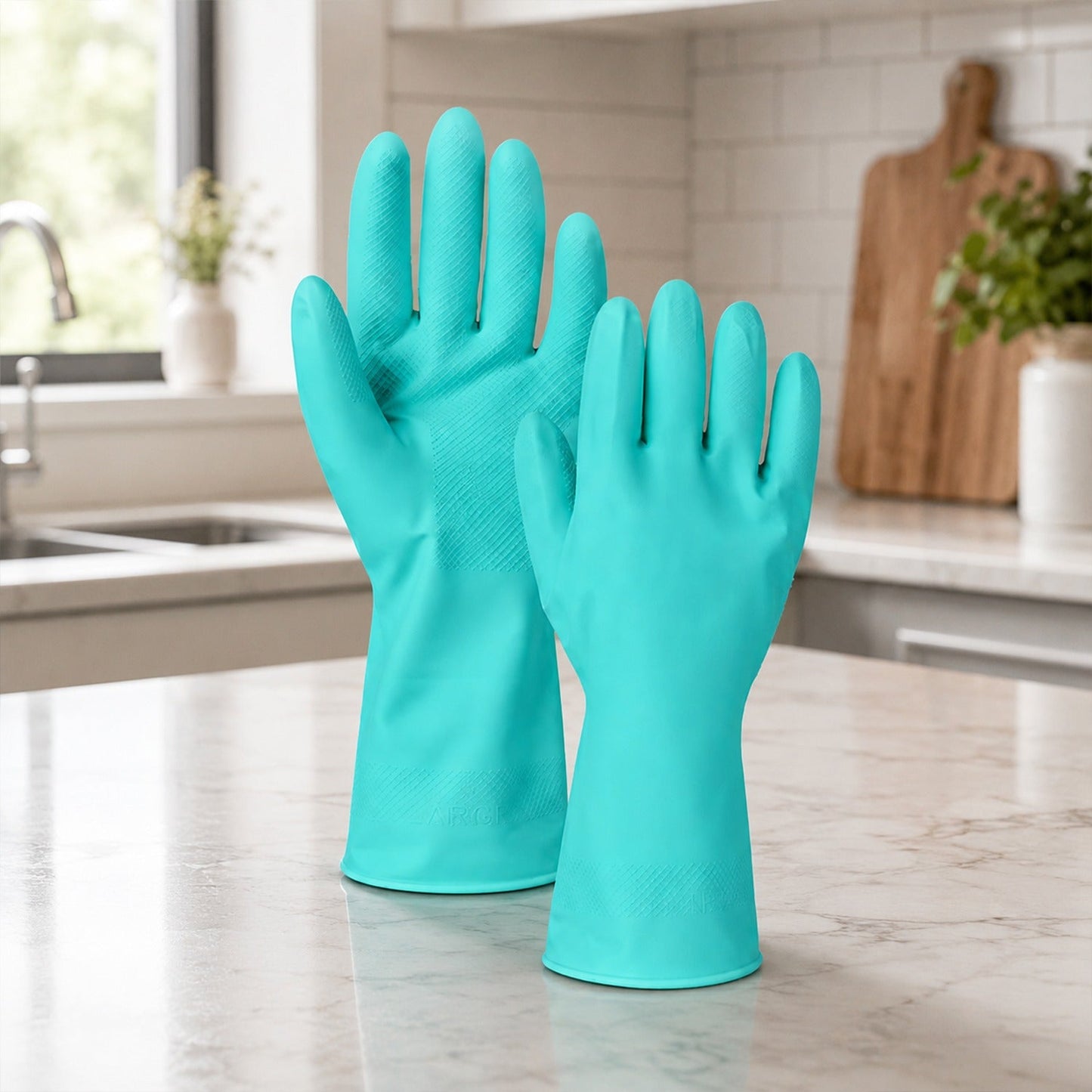 A pair of large teal rubber gloves stands upright on a white marble kitchen counter with a blurred background of a sink and
