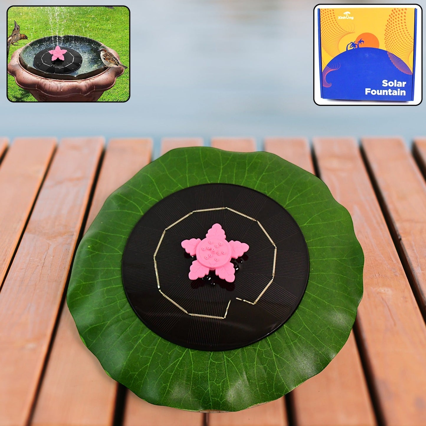 Solar-powered floating fountain pump with green leaf base and pink star nozzle on pond water