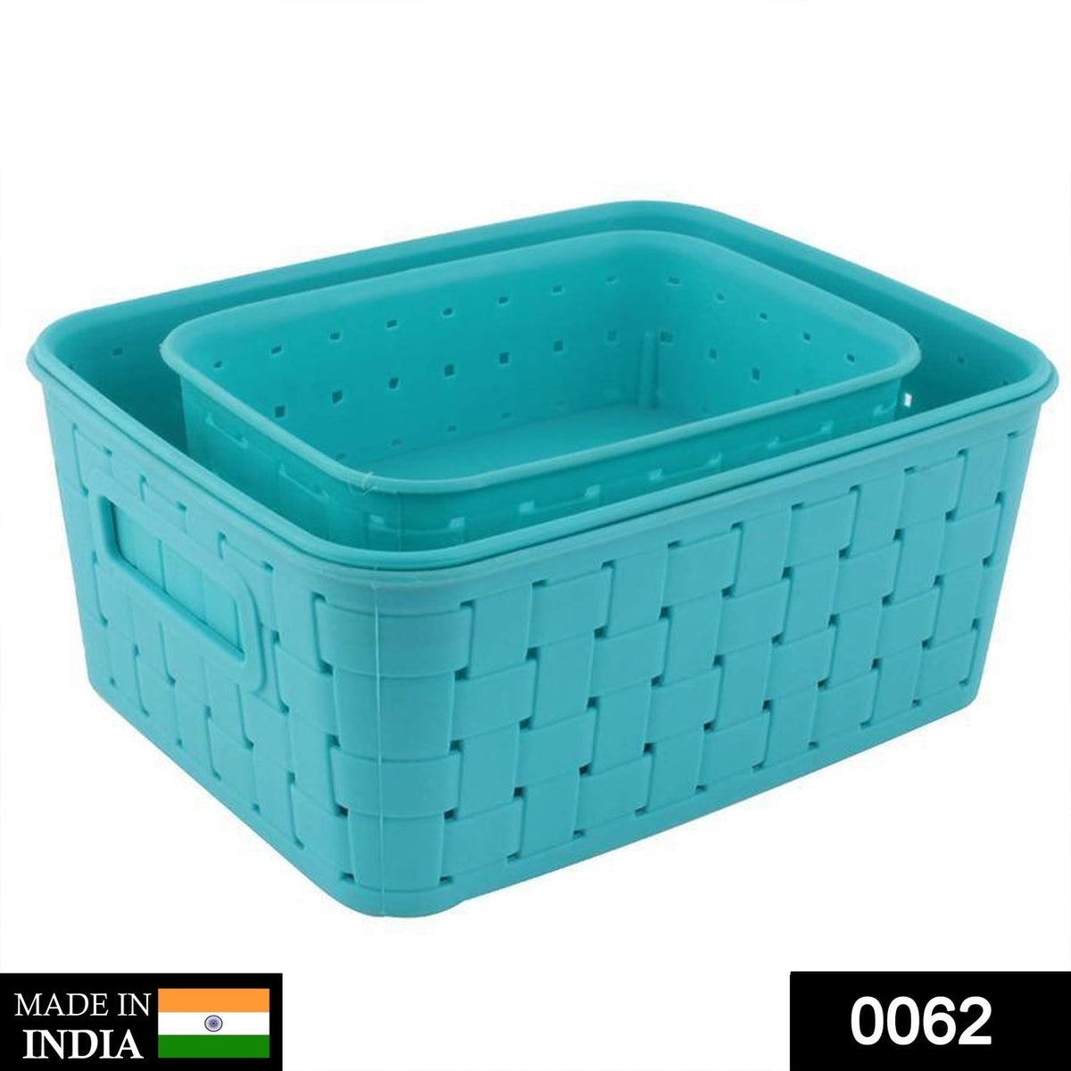 Two sky blue plastic storage baskets, one nested inside the other, with a woven texture.