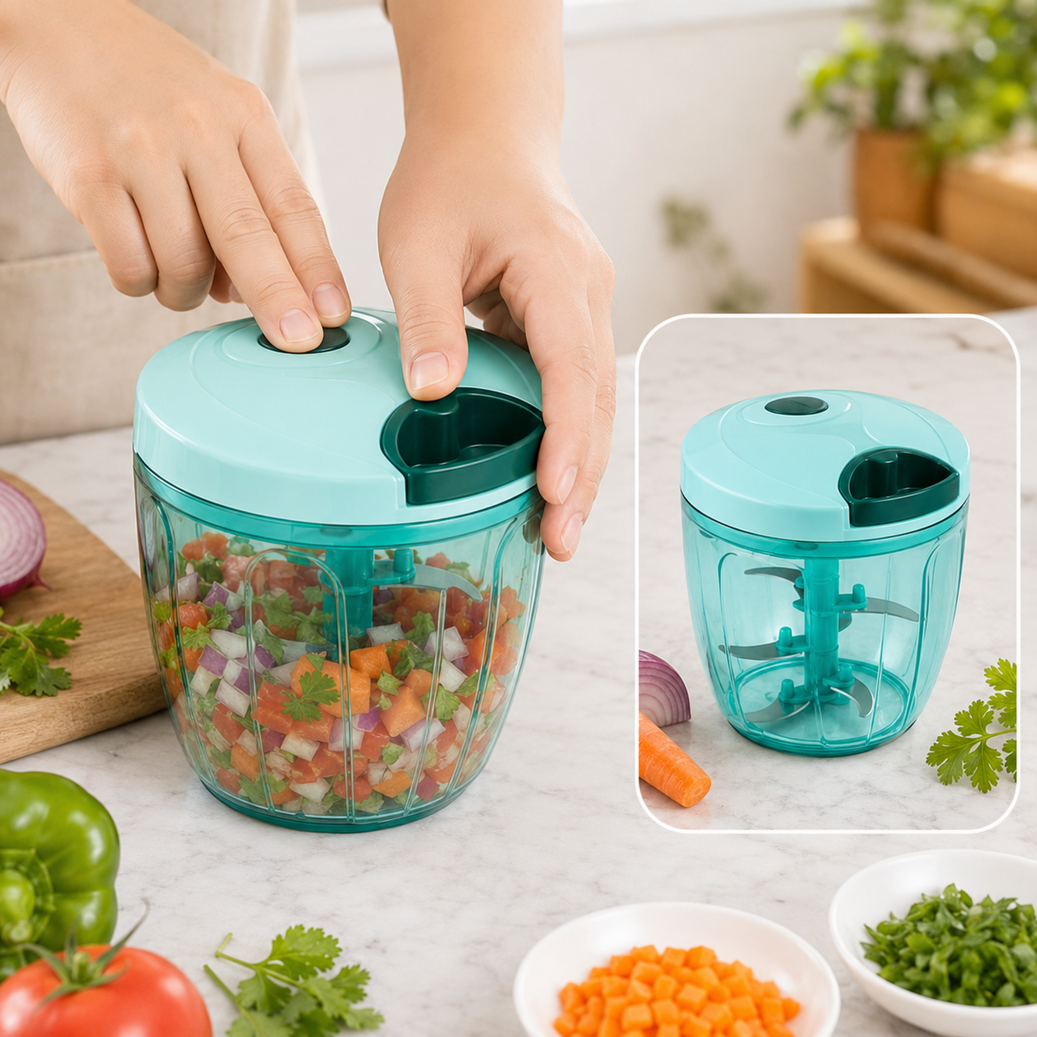 Hands operate a teal manual food chopper filled with diced vegetables on a white counter next to fresh produce.