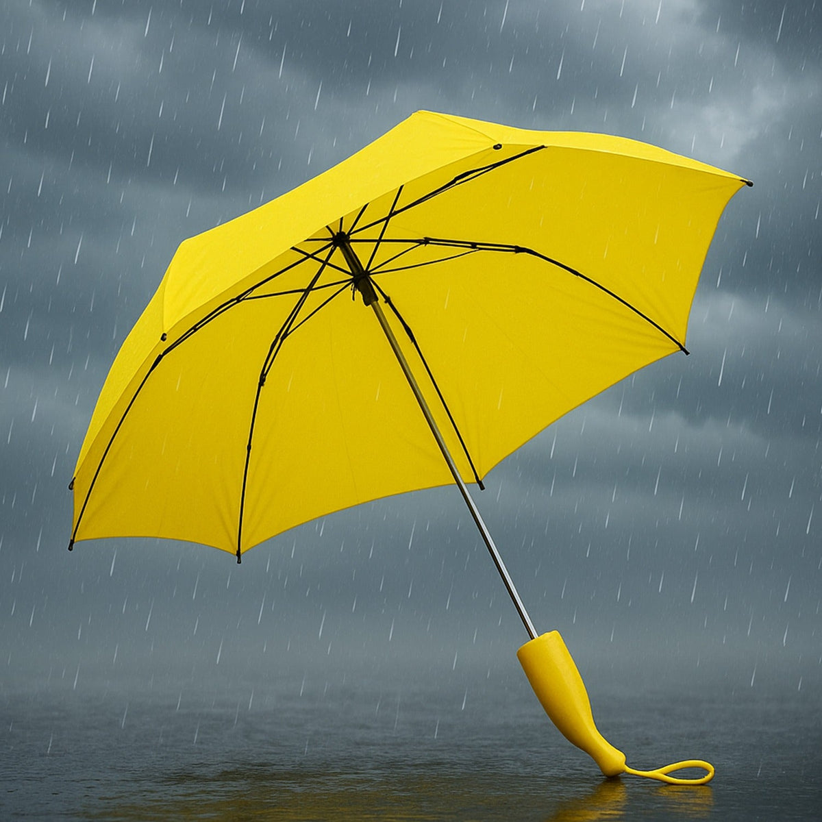 An open yellow umbrella with a curved handle stands on a wet surface under a dark, rainy sky.