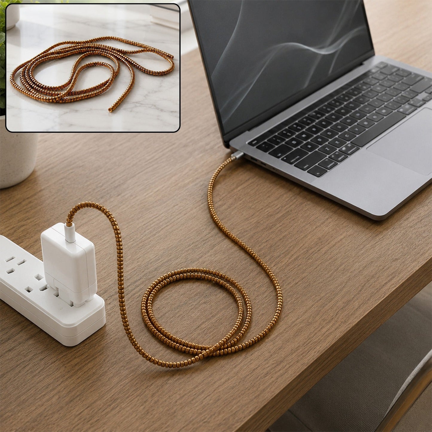 A brown spiral cable protector sleeve is installed on a white laptop charger cable, plugged into a power strip and laptop.