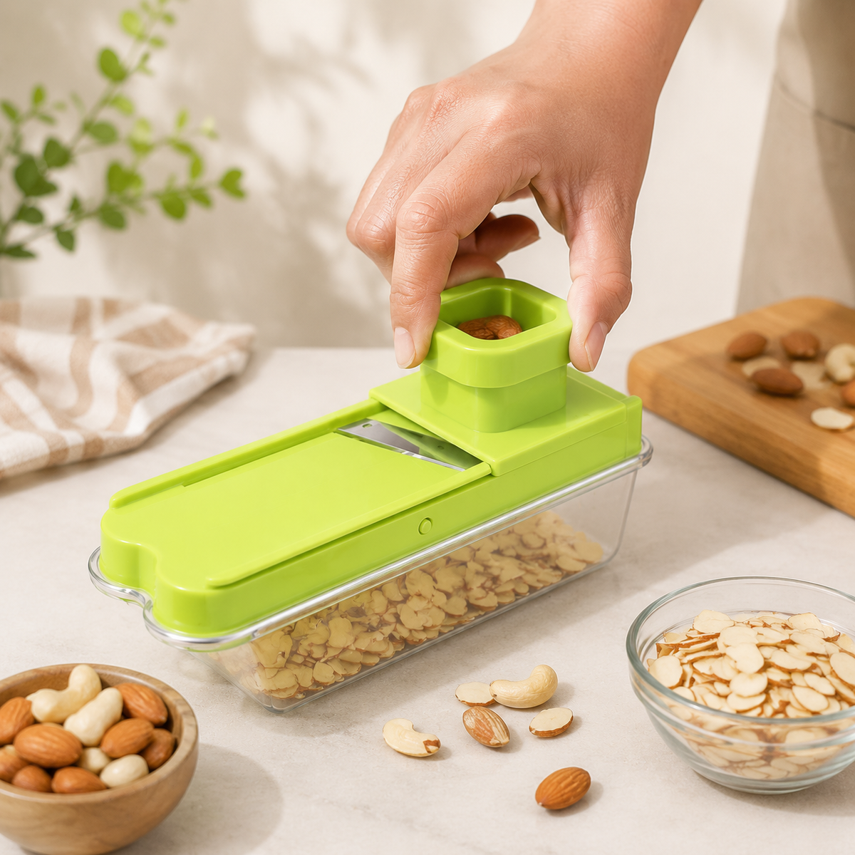 A hand uses a green plastic slicer to slice almonds into a clear container on a white counter.