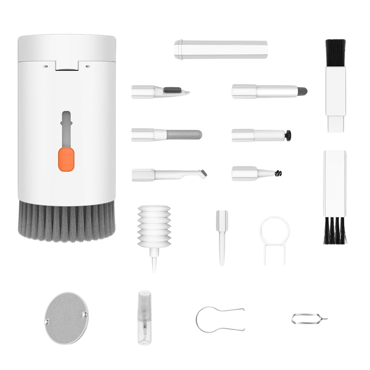 White multi-tool cleaning kit with all 20 attachments neatly arranged on a white background.