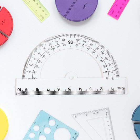 Complete geometry drafting tools set made of clear plastic for precise math tasks