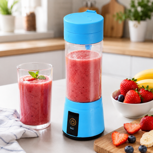 A blue portable juicer blender filled with a strawberry smoothie sits next to a glass of the same smoothie and fresh fruit.