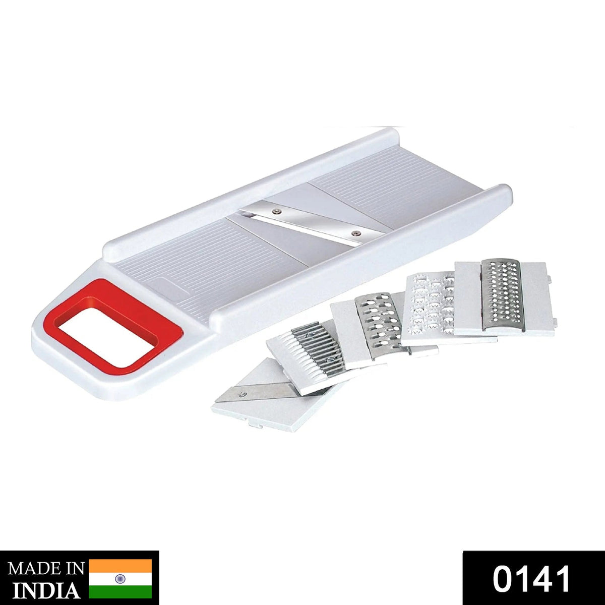 White and red mandoline slicer with five interchangeable blades laid out next to it on a white background.