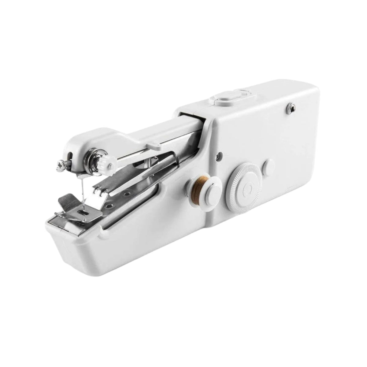 A white handheld sewing machine with a brown thread spool is angled on a white background.