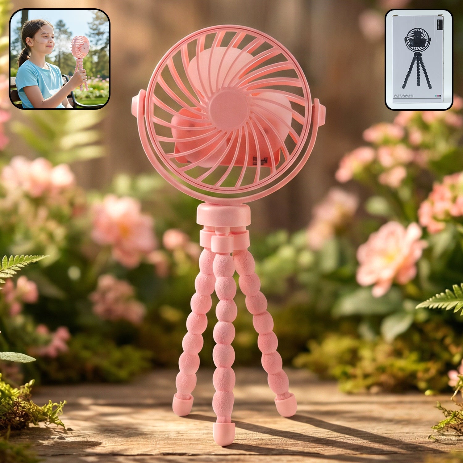 Rechargeable portable LED fan with flexible tripod stand on a wooden desk