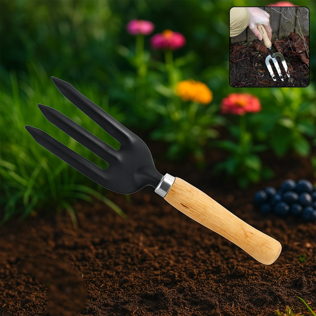 A black three-tine garden fork with a wooden handle lies on dark soil, with a small inset showing it being used.