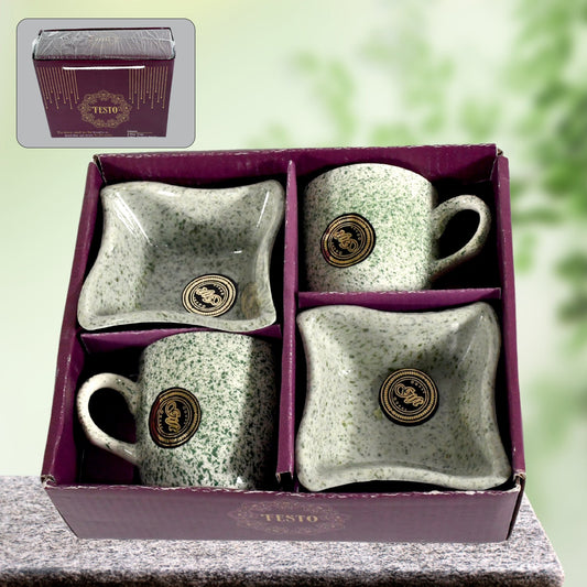 Elegant ceramic tea cup set with matching snack bowls, ideal for serving beverages and treats.
