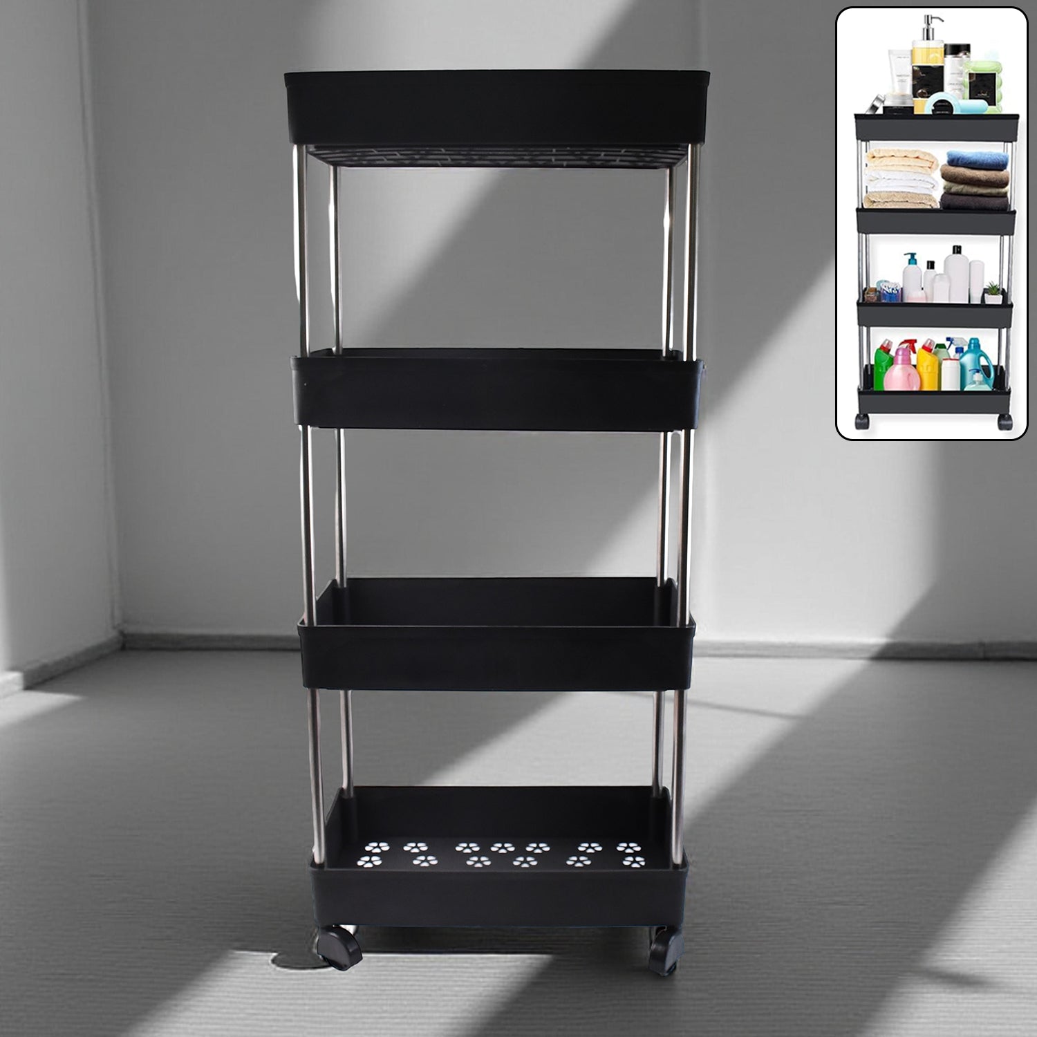 Movable storage rack trolley with four layers for kitchen and bathroom organization