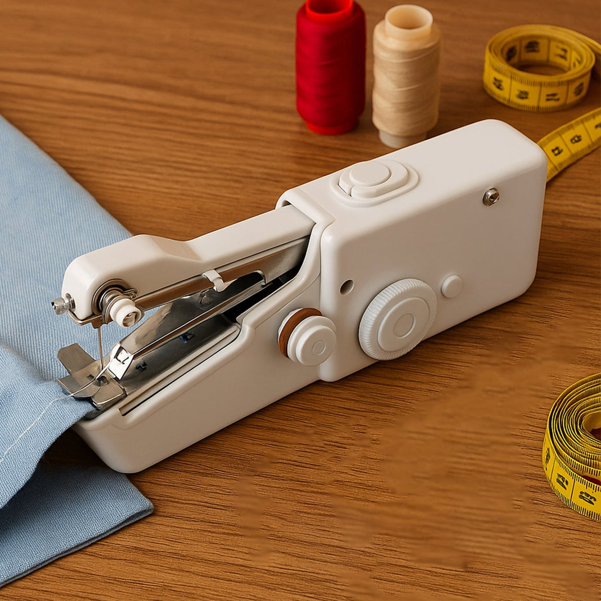 A white handheld sewing machine is stitching light blue fabric on a wooden surface, surrounded by spools of thread and a