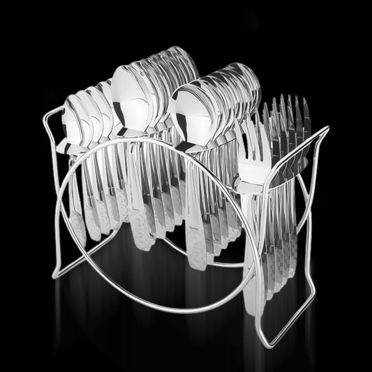 24-piece stainless steel cutlery set with elegant storage stand on table