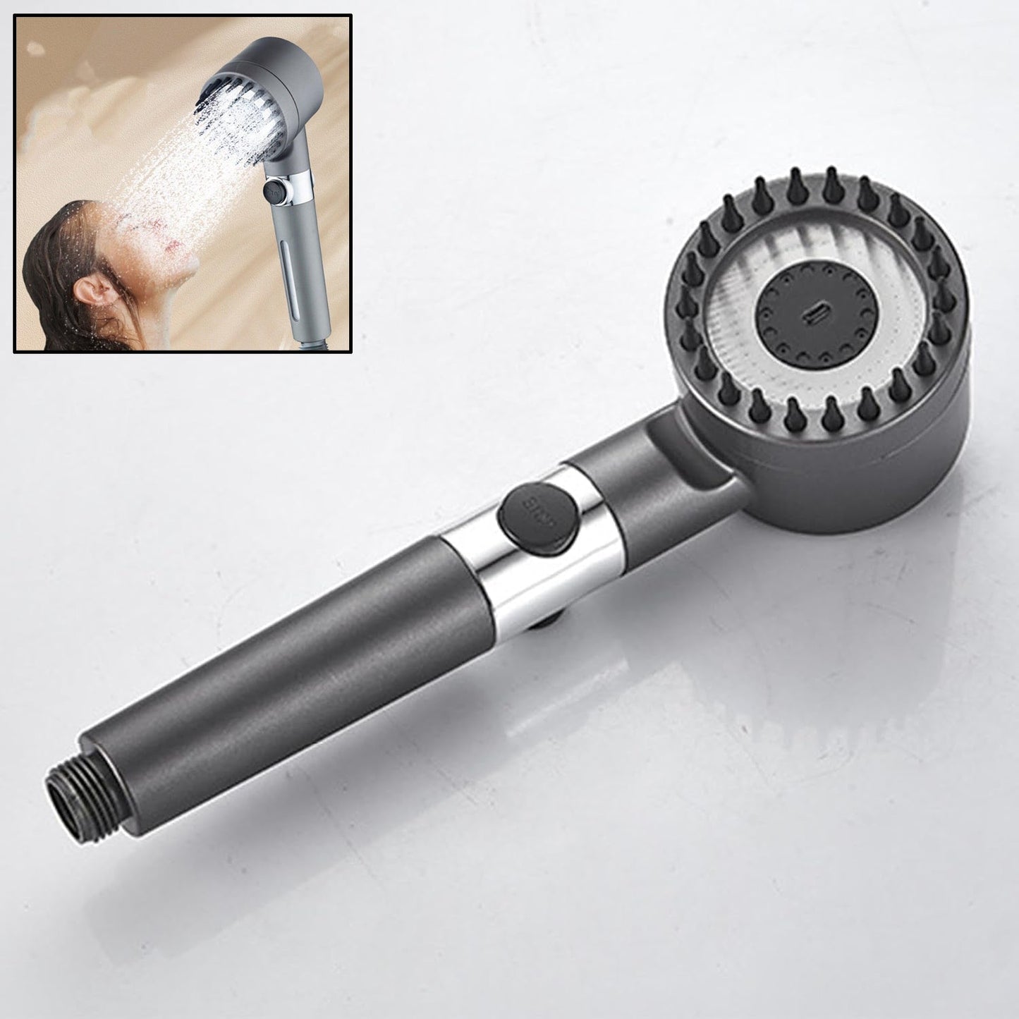 A dark gray shower head with a wide face and rubber bristles, with an inset of a woman showering.