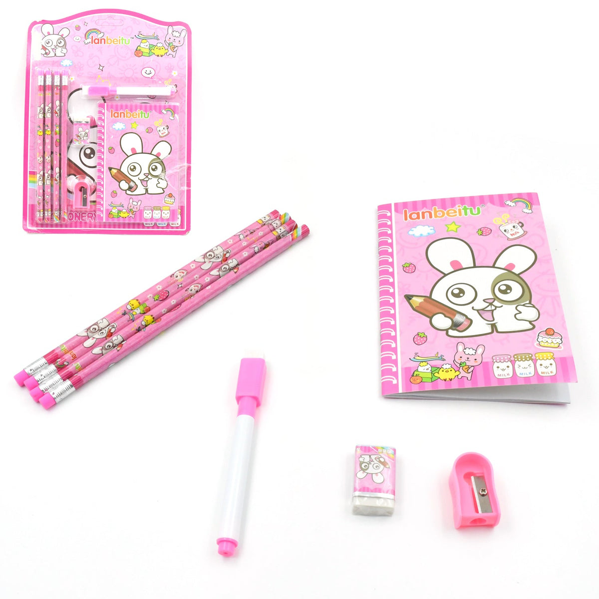 A pink bunny-themed stationery set is displayed on a white background, with individual items spread out.