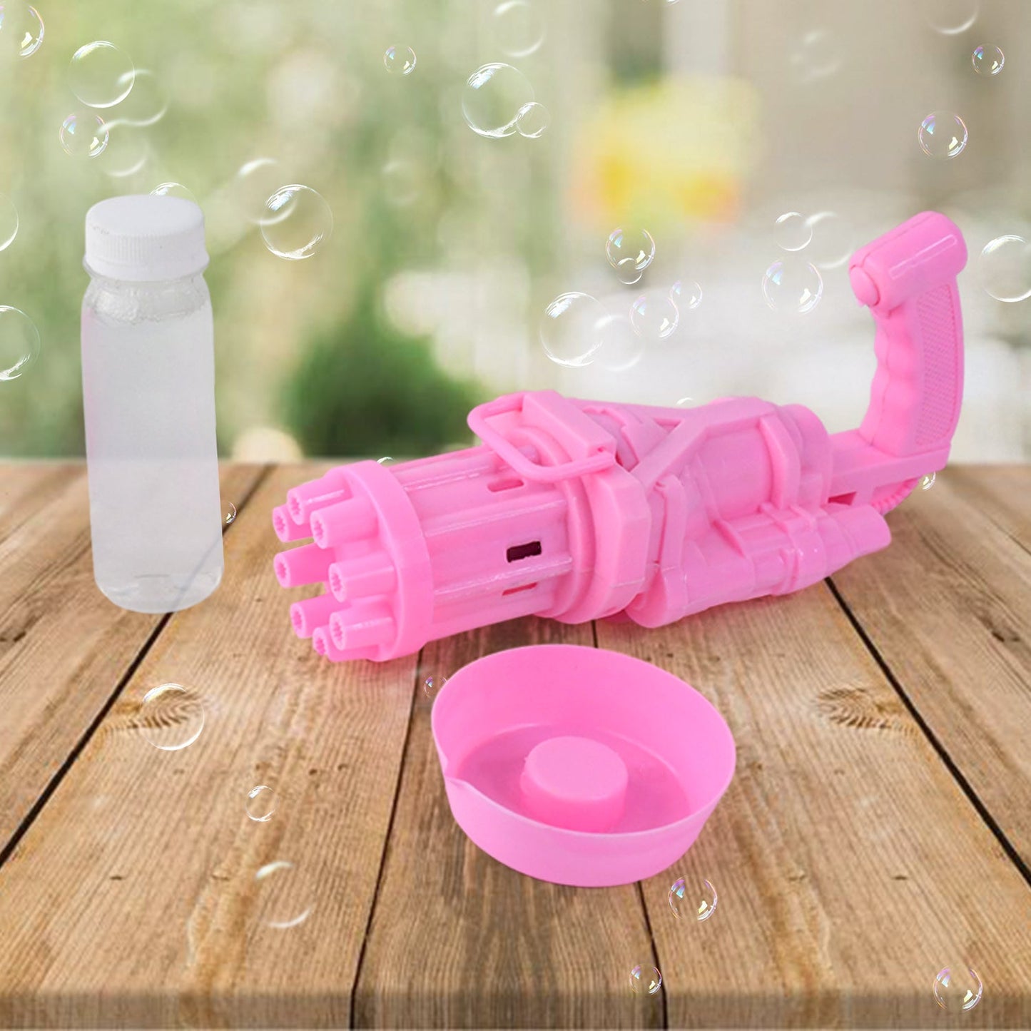 Front view of the 8-hole bubble gun toy in action, creating a stream of bubbles.