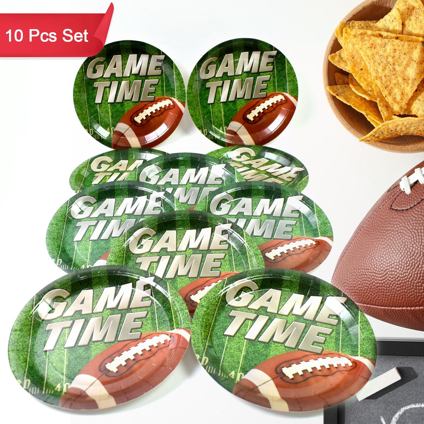 Ten green paper plates with a football and 'GAME TIME' text, displayed with a football and a bowl of chips.