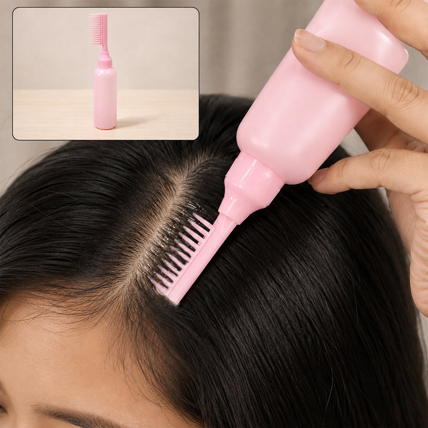 A person's hand holds a pink 2 In 1 Hair Oil Applicator Bottle with Scalp Comb, applying product to dark hair.