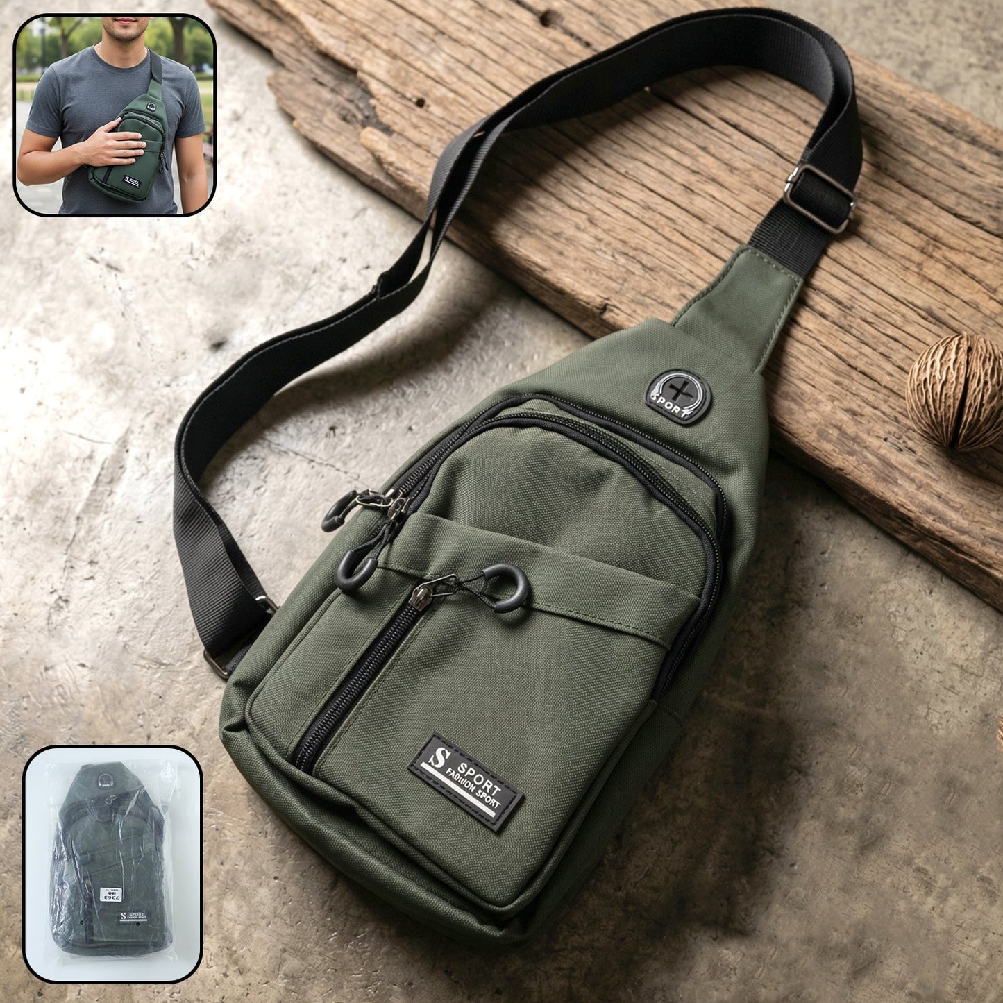 Black shoulder waist bag with zipper closure