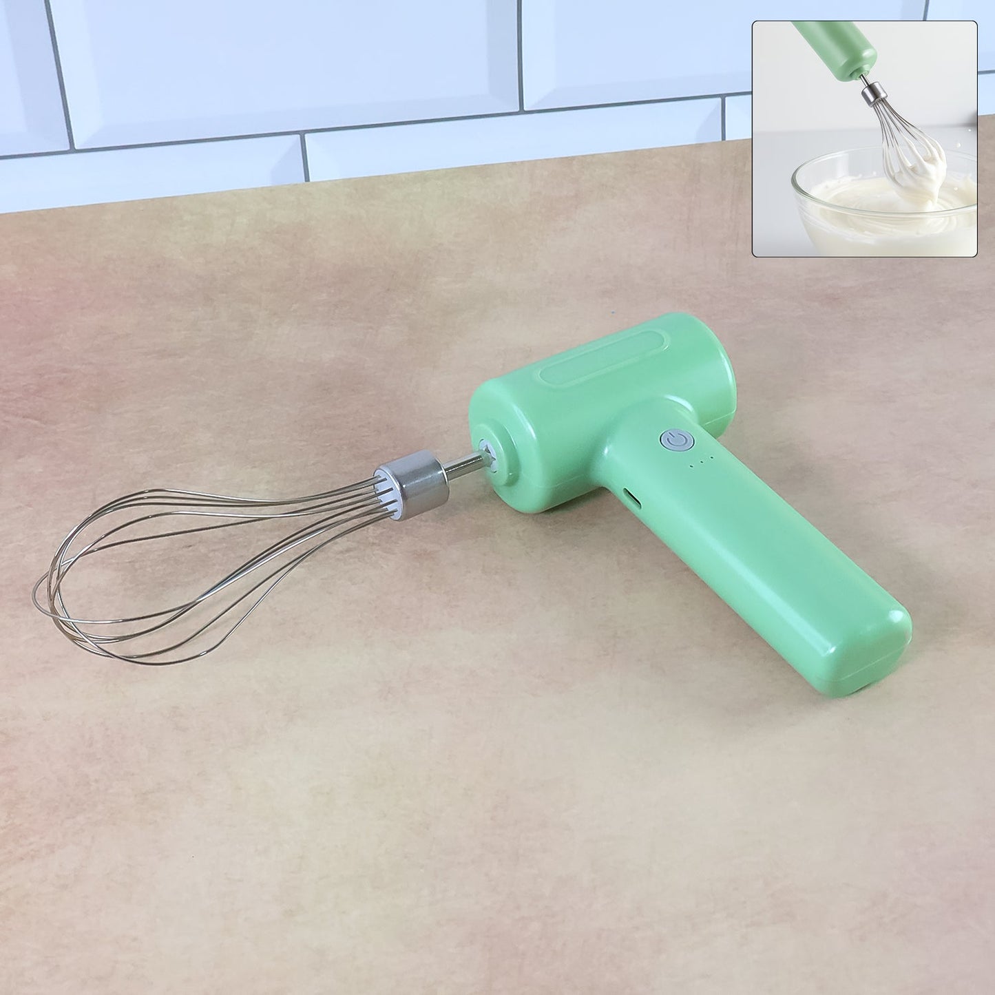 Complete view of the sleek Cordless Electric Whisk ready for use.