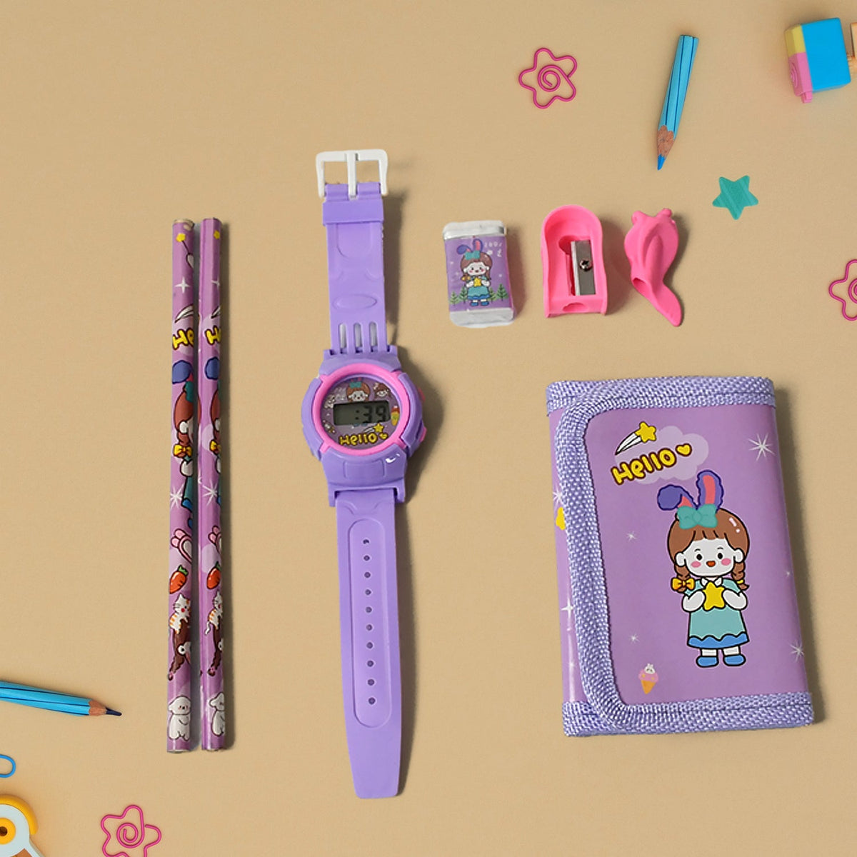 A purple digital watch, two pencils, an eraser, a sharpener, and a purple wallet with a cartoon girl, arranged on a light
