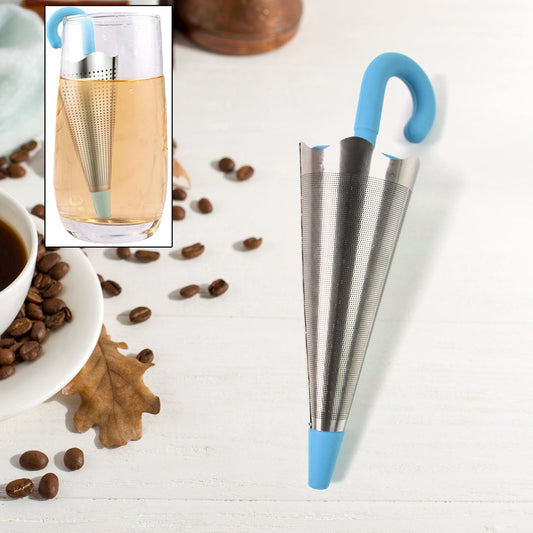 Colourful umbrella tea strainers displayed together, ready for use.