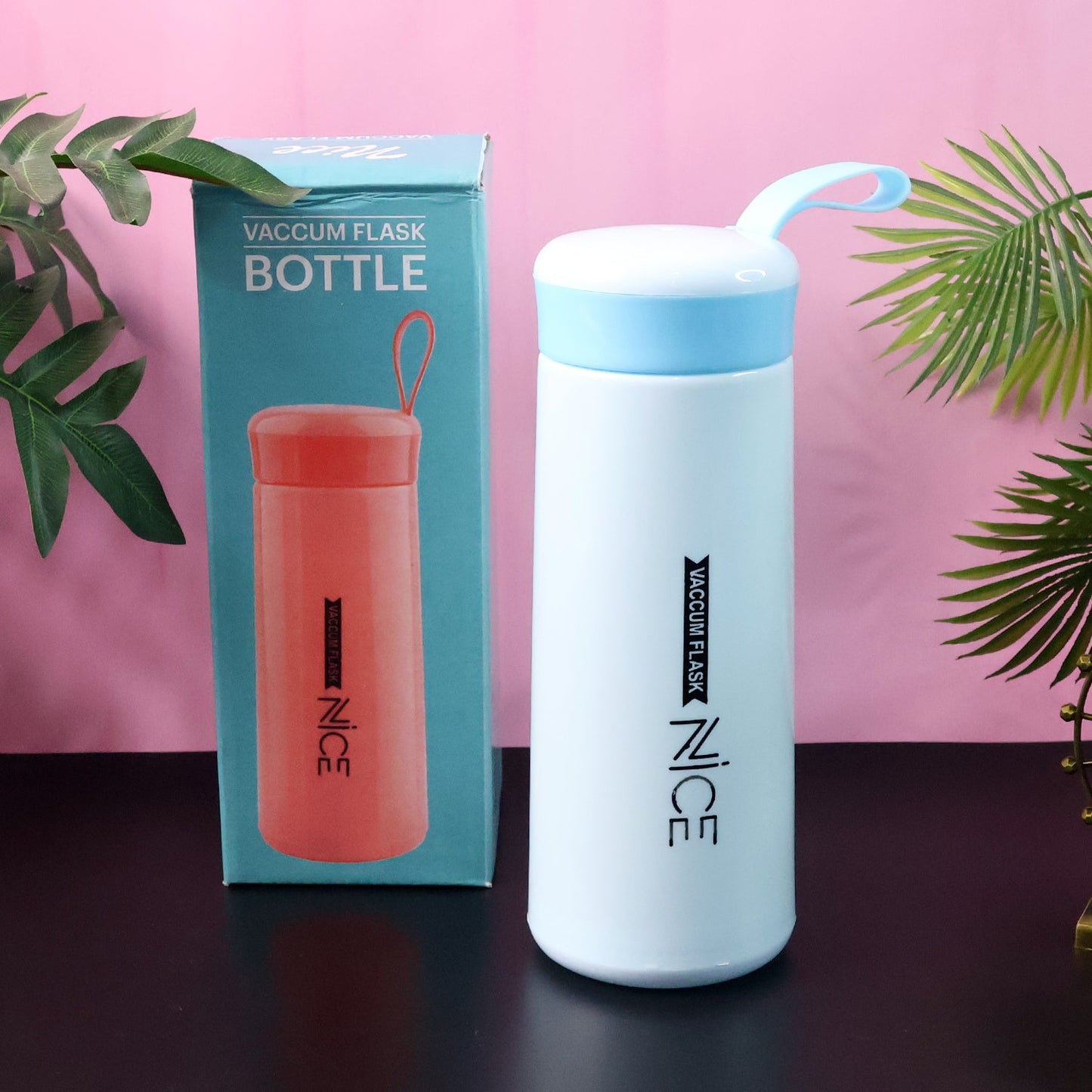 Plastic flask water bottle in blue lid and white body with 400ML capacity