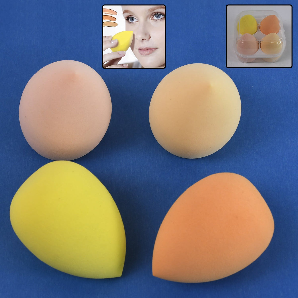 Four makeup sponges in peach, yellow, and orange on a blue background, with insets of a woman and the case.