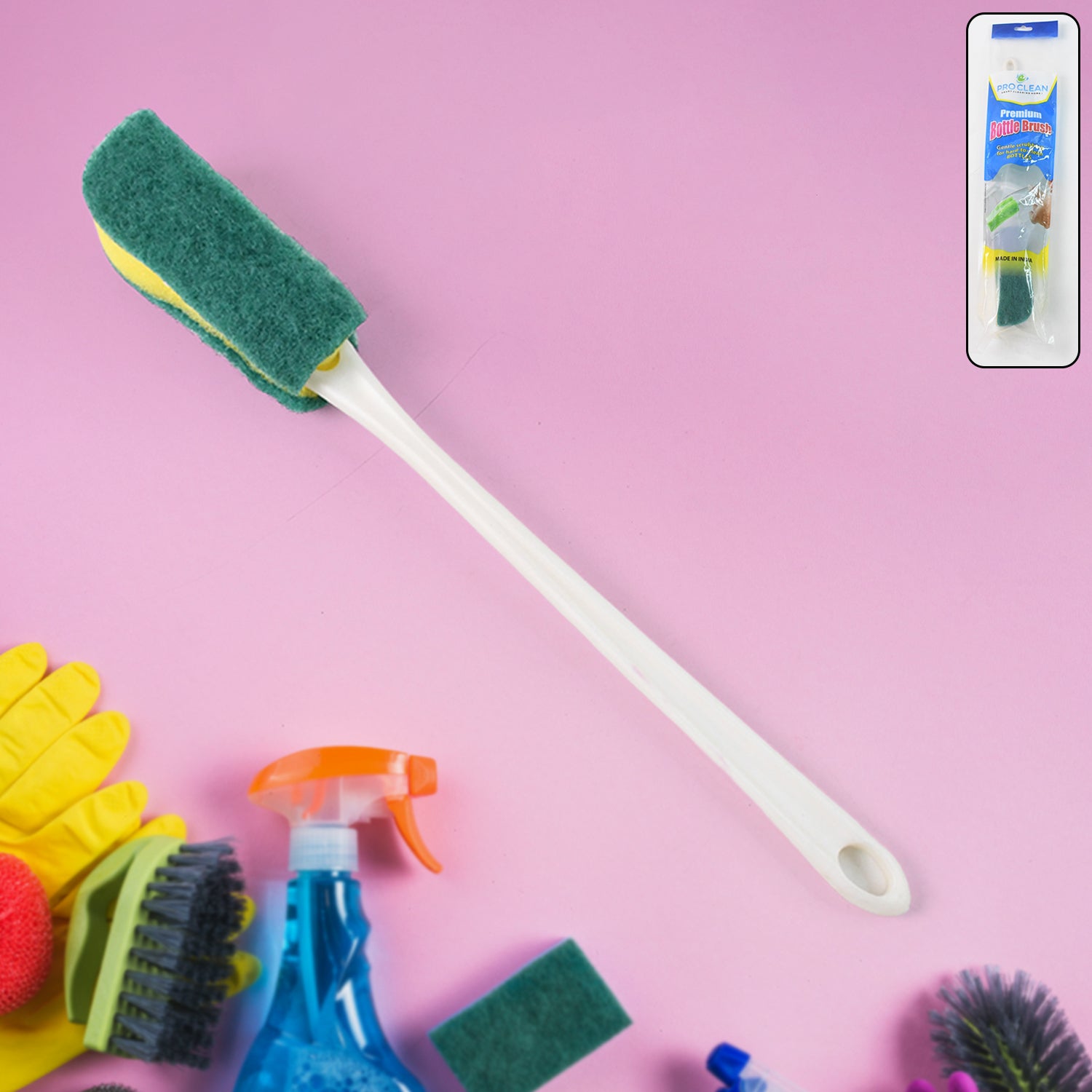 Long handle bottle cleaning brush with dual-layer scrub head cleaning a glass bottle