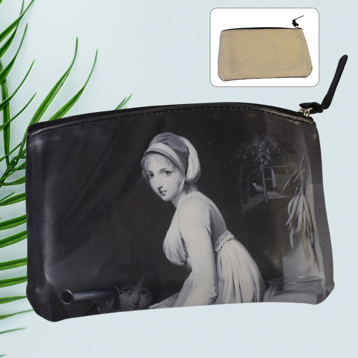 Black cosmetic bag with a classical portrait, shown with a small inset image of a plain beige bag.