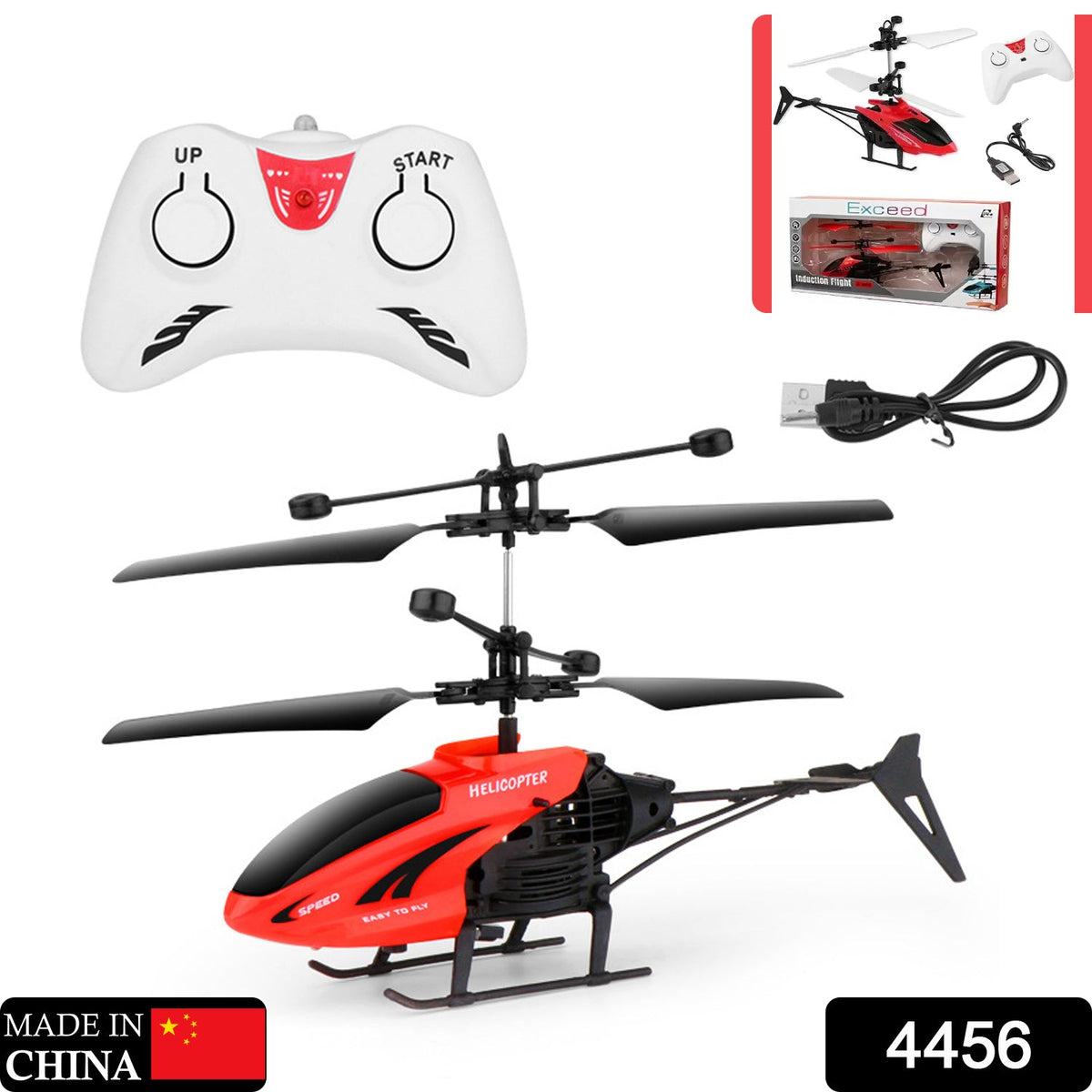 A red and black toy helicopter, white remote control, USB cable, and product packaging against a white background.
