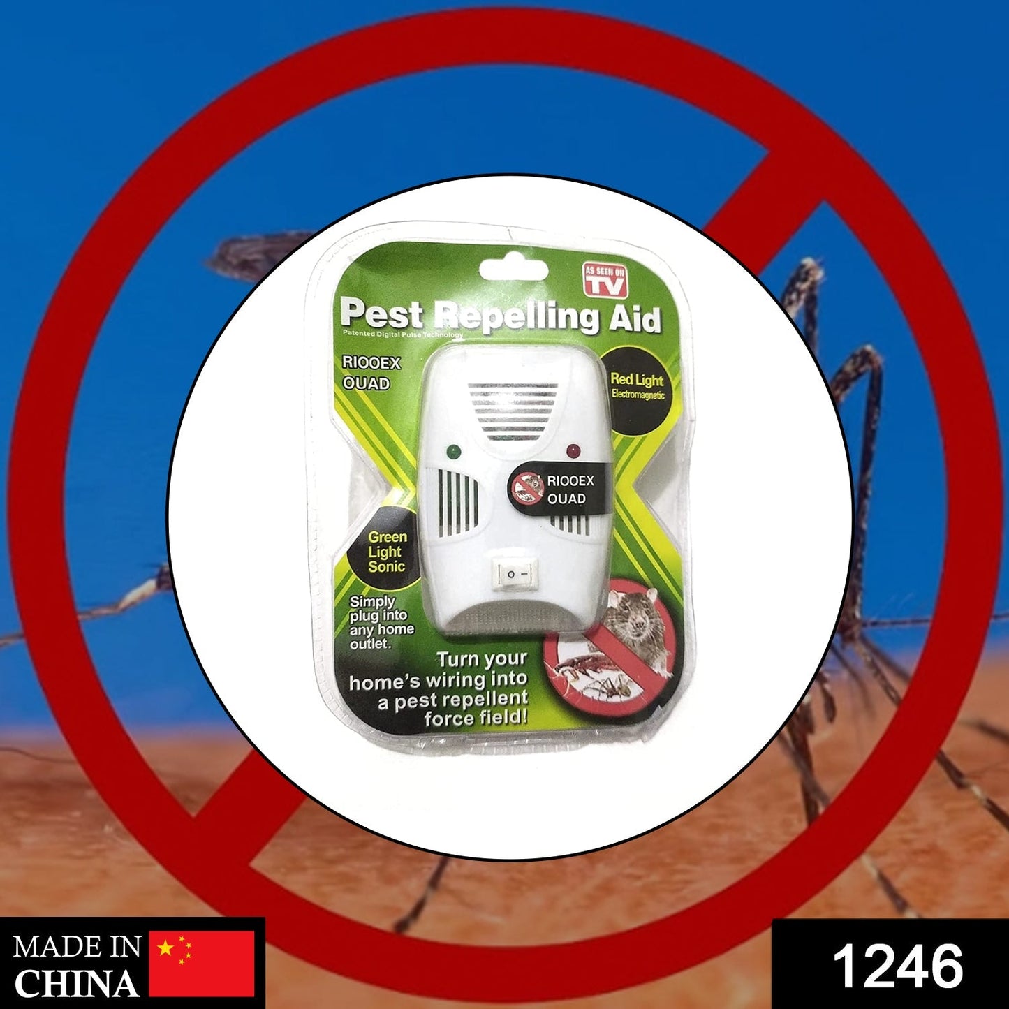 A single white pest repeller in its clear plastic packaging, shown against a blurred background of insects.