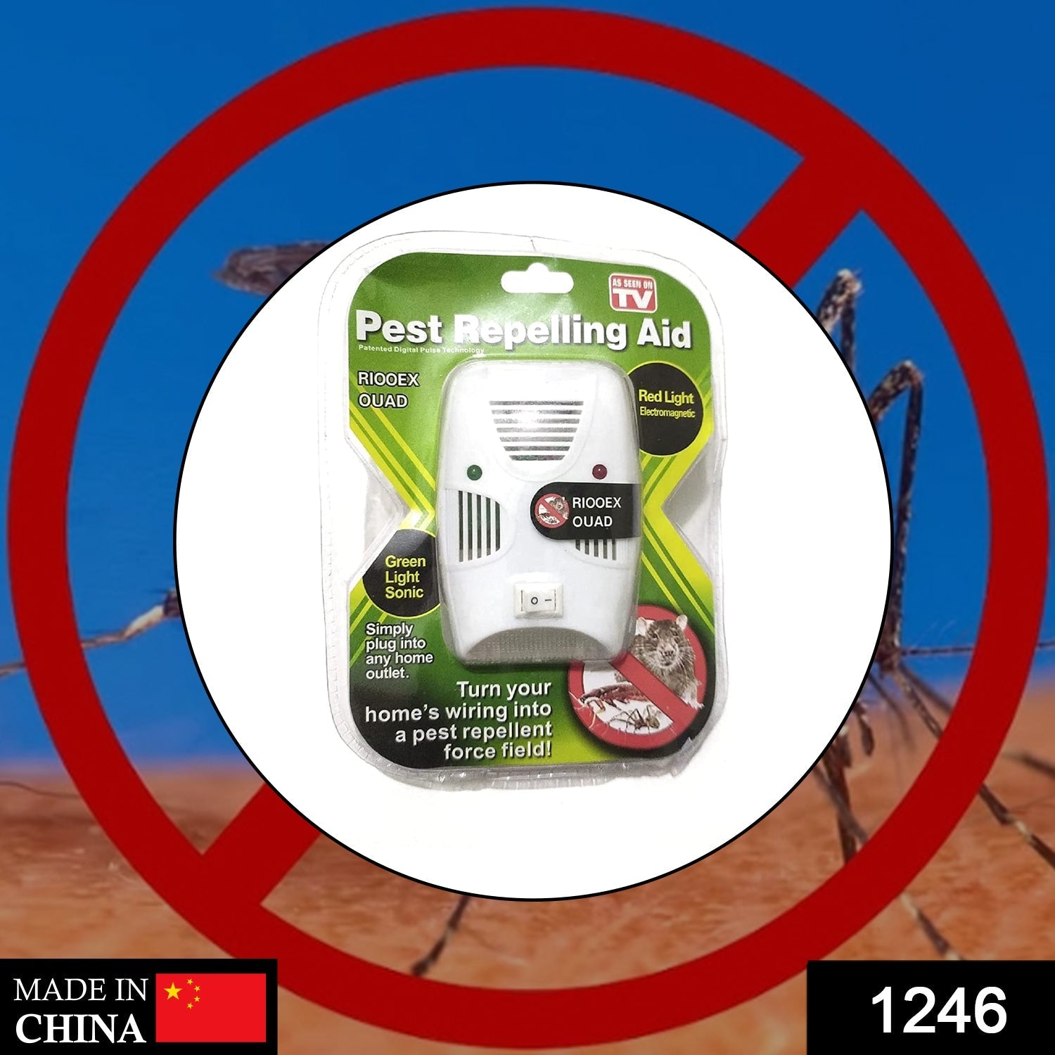 A single white pest repeller in its clear plastic packaging, shown against a blurred background of insects.