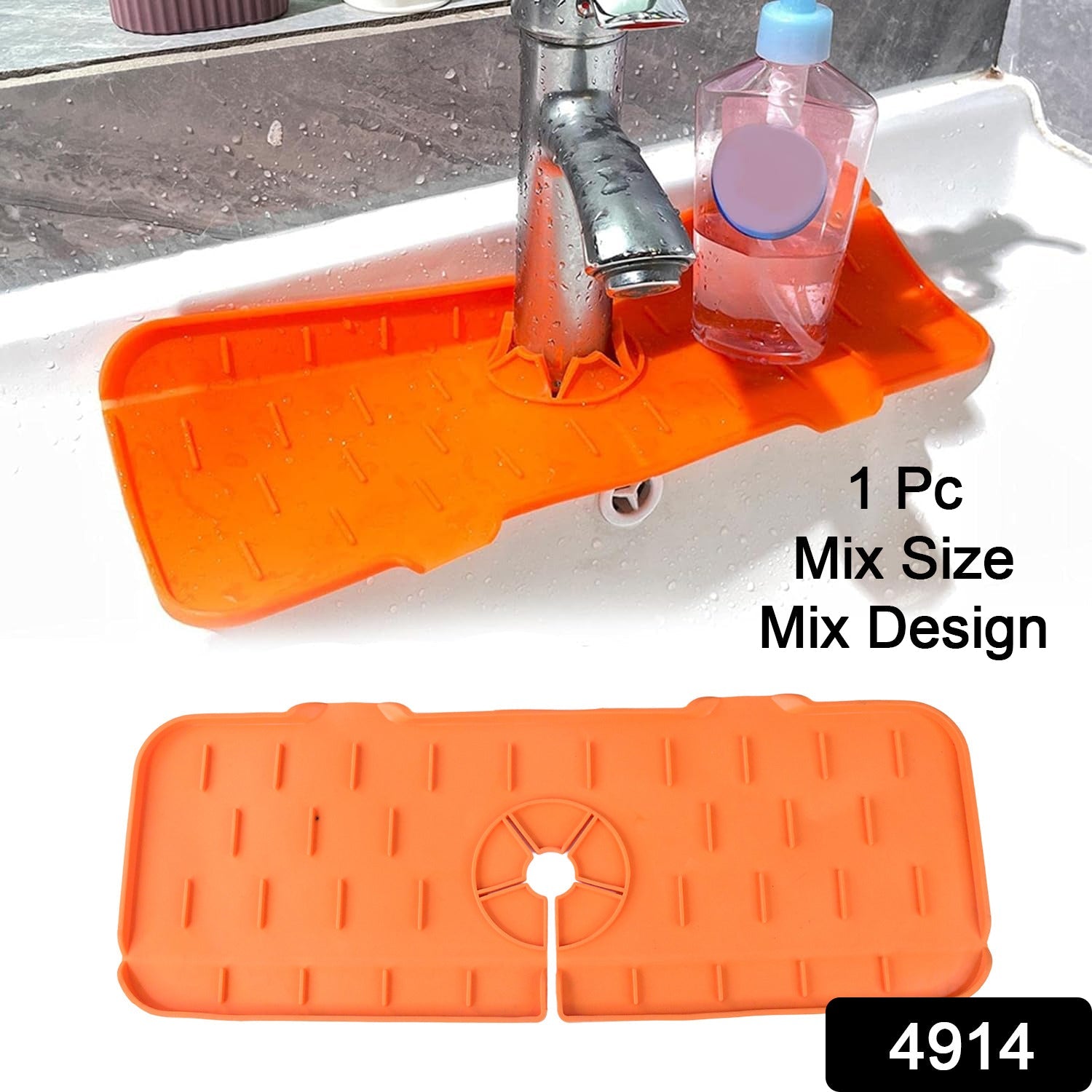 Orange silicone faucet splash guard with a soap dispenser and text overlay on a white sink.