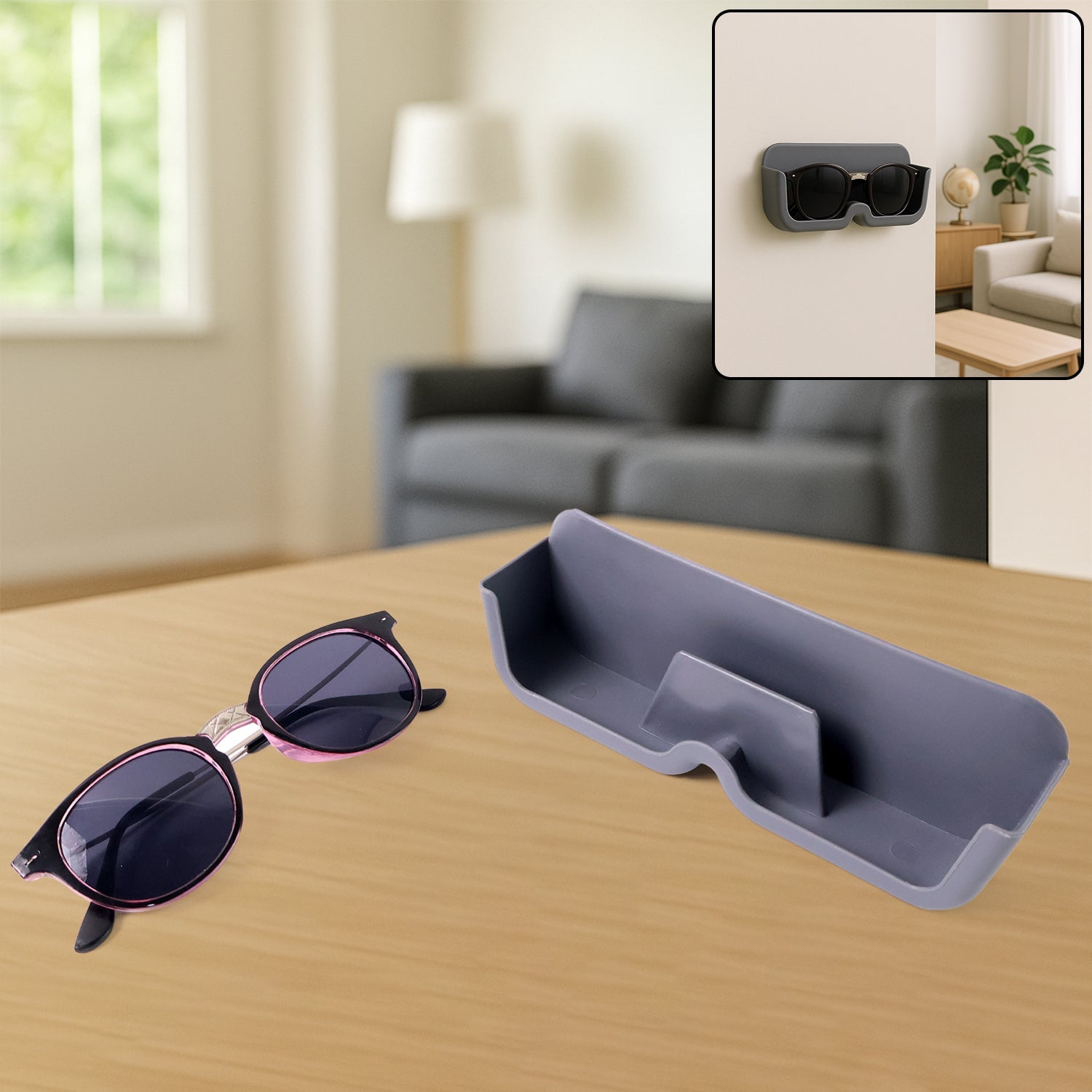 Functional sunglasses gift combo featuring adhesive holder and eyewear